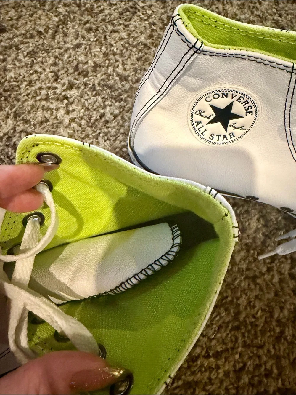 Unisex White Leather High-Top Converse Sneakers with Neon Lime Lining